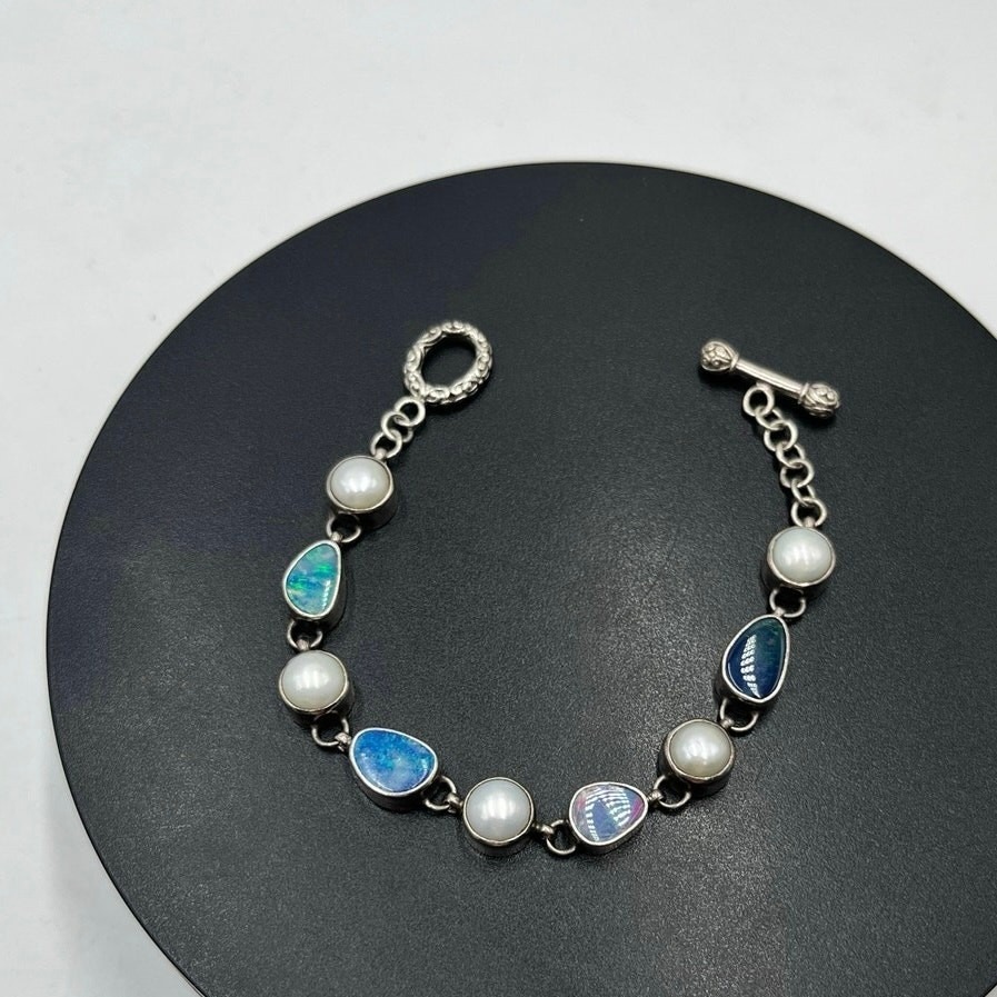 Natural Sterling Silver Pearl And Opal Gemstone Toggle Tennis Bracelet 7", 19.7g